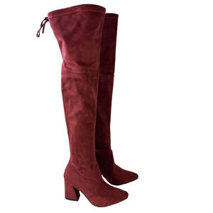 Maroon Over The Knee Faux Suede Boot Chunky Block Heel Tie Back Pointed Toe Sz 5